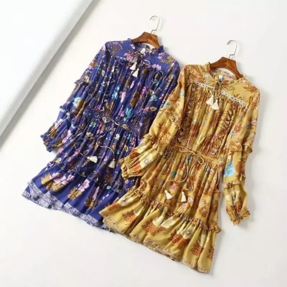 Floral Ruffle Long Sleeve Fall Boho Mini Dress - Picture 3 of 6